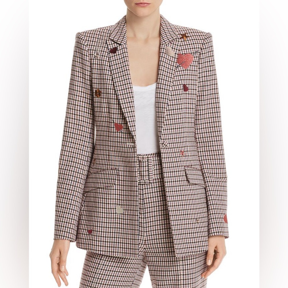 NWOT Cinq a Sept Estelle Pink Plaid Embroidered Blazer, size 10